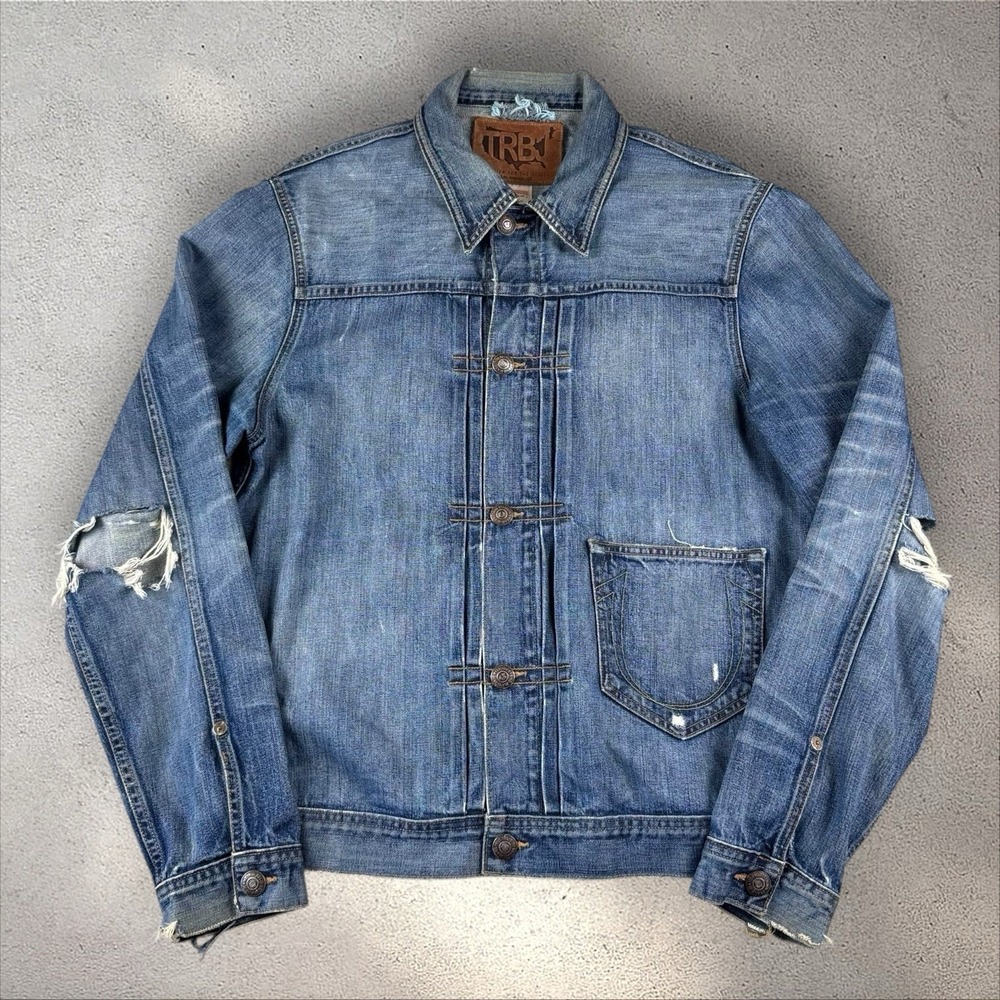 True Religion Jacket Mens XL Kyle Buckle Back Denim Snap Trucker‎ Distressed